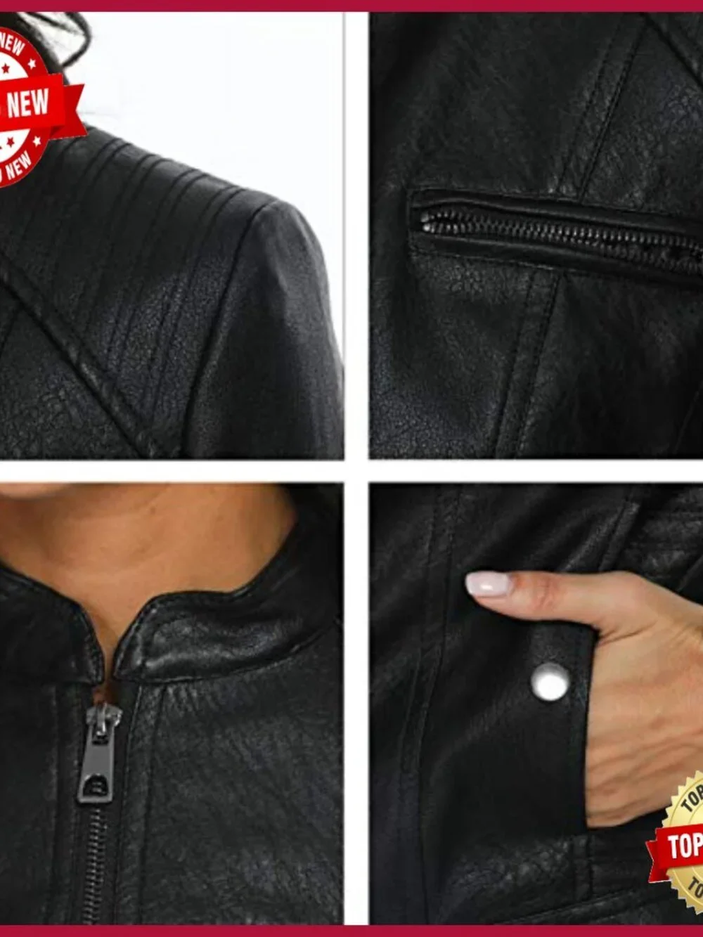 Faux Leather Motorcycle Jacket with Stand Collar, Polyester Lining